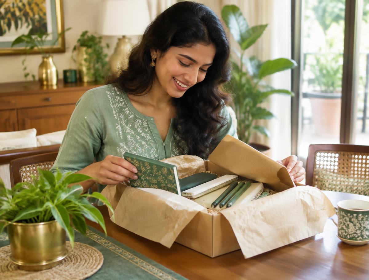 Member opening her delivered writing materials