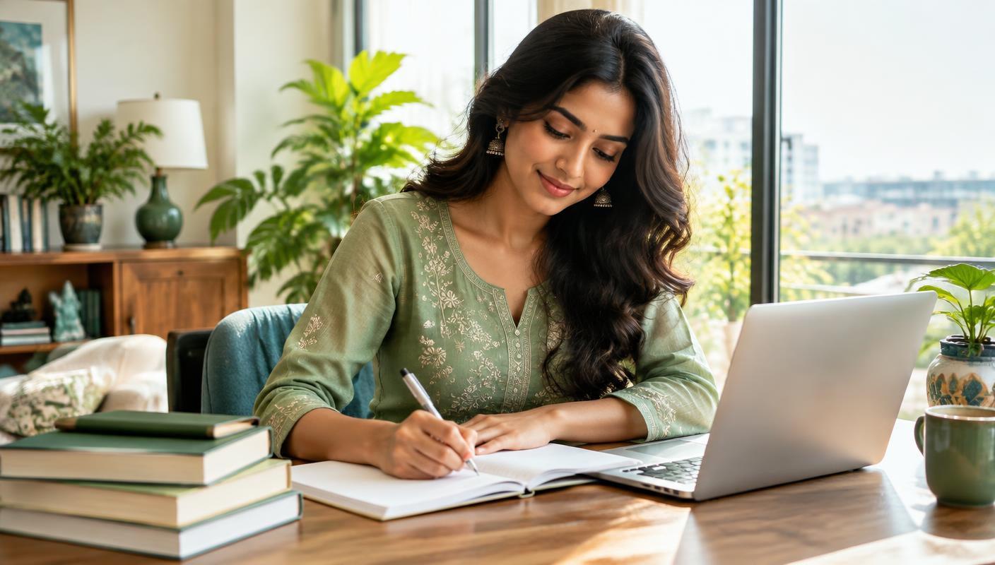 Woman completing handwriting work at her home desk